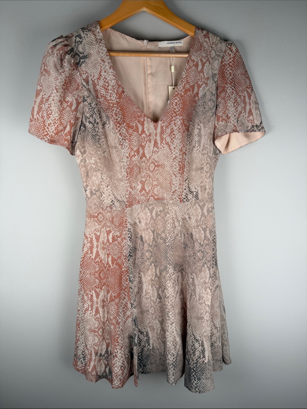 Lavender Brown Silk Strappy Snake-Print V-Neck Dress Romantic Grunge Boho Size S